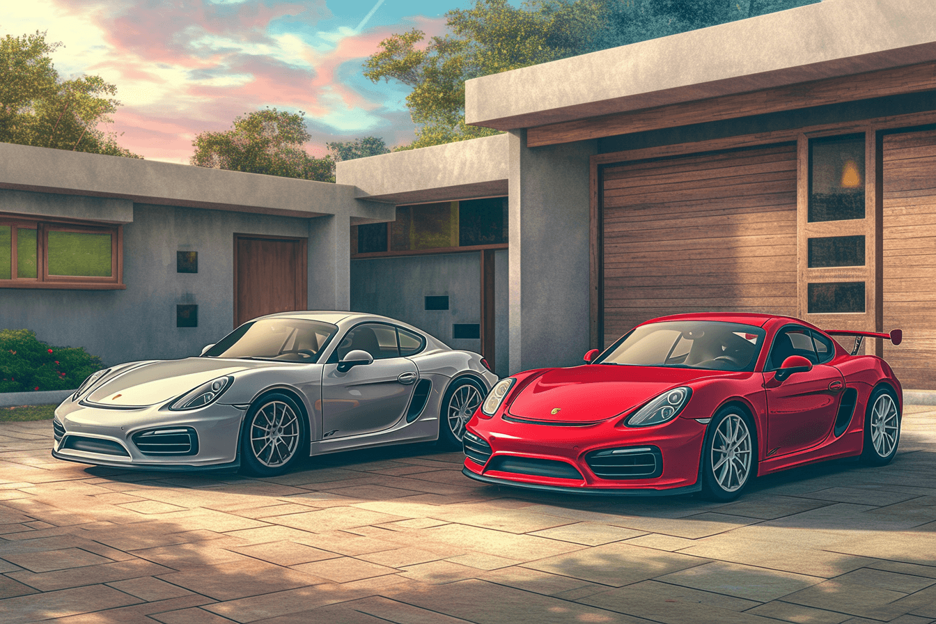 Two 981 Cayman S cars, silver and red, parked in front of a modern house at dusk