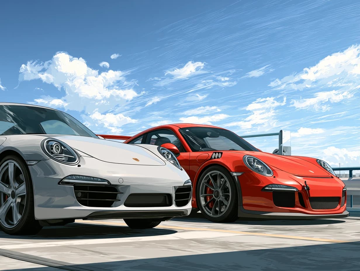 A silver 991.1 Carrera and a red 991.1 GT3 parked side by side on a rooftop under a blue sky