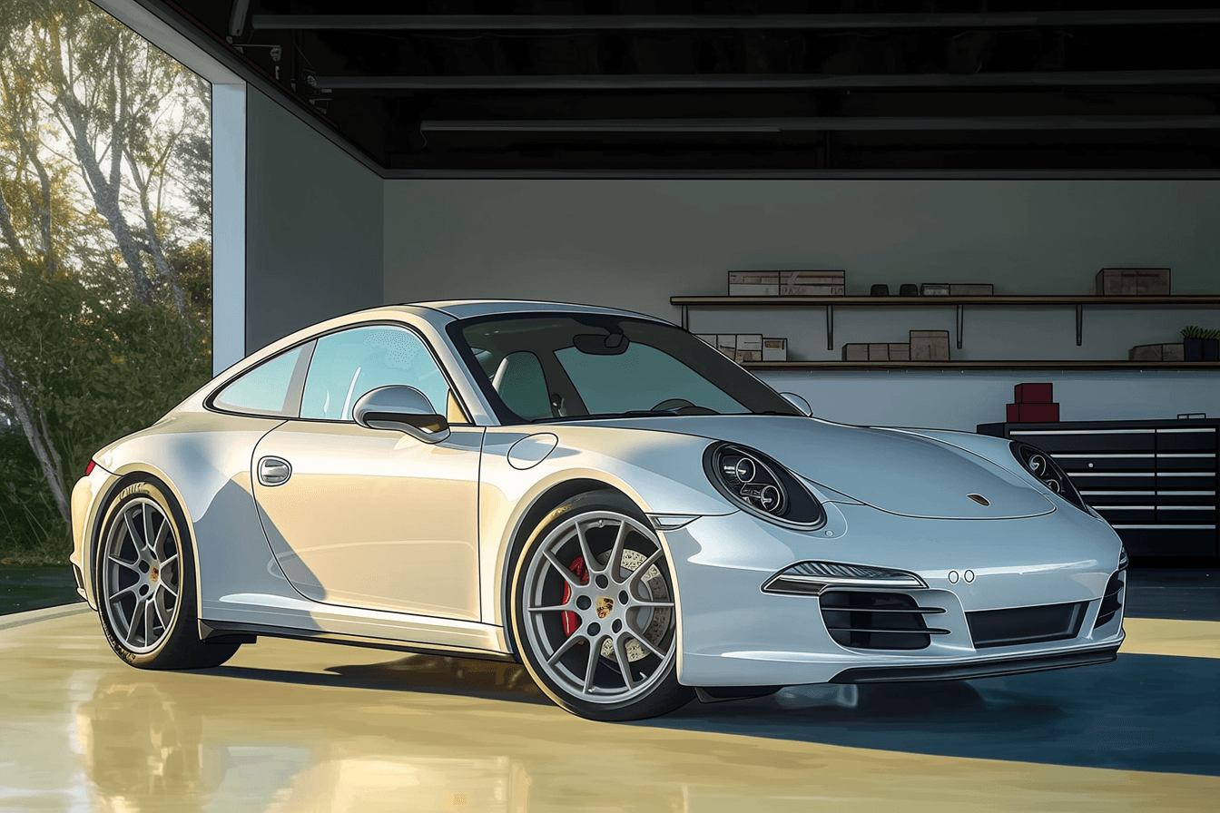 991.1 Carrera S, silver, three-quarter front view, parked in a garage