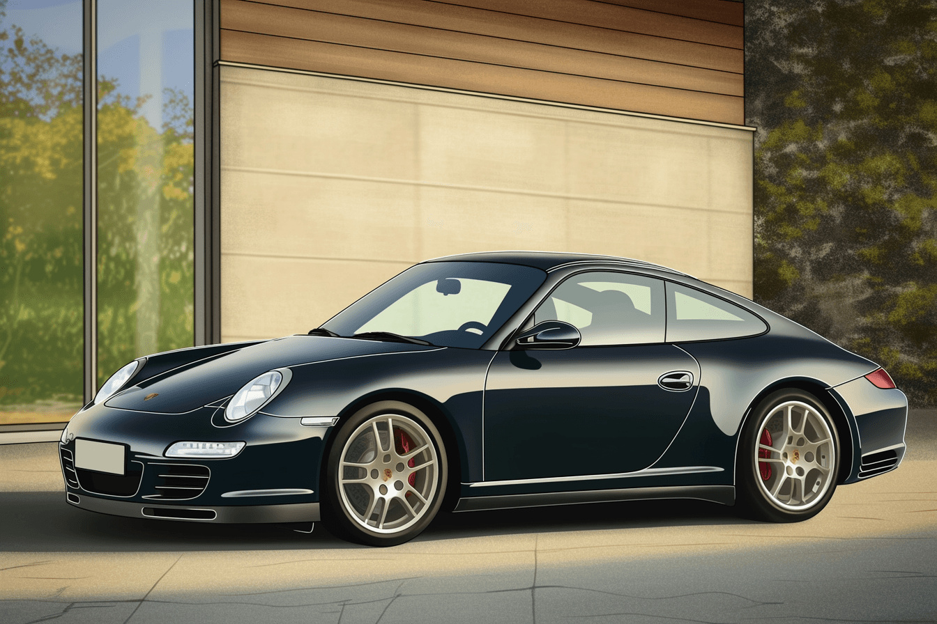 997.2 Carrera S, dark blue, three-quarter front view, parked in front of a modern house