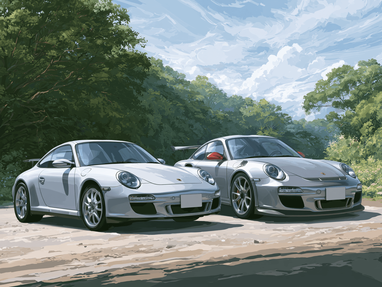 Two 997.2 GT3 cars, white, parked on a wooded roadside pull-off